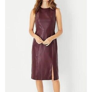 Ann Taylor Seamed Faux Leather Sheath Dress 2P Burgundy Sleeveless Midi NWT